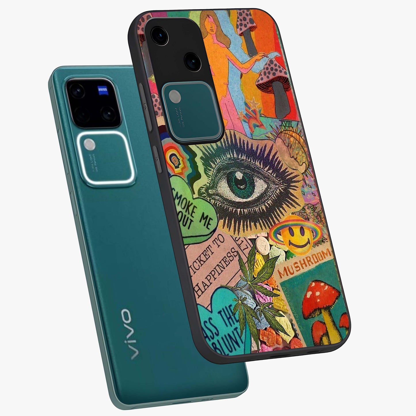 Mystic Eye Wonderland Glass Case displayed in angled mockup highlighting magical eye illustration with dreamy aesthetic.