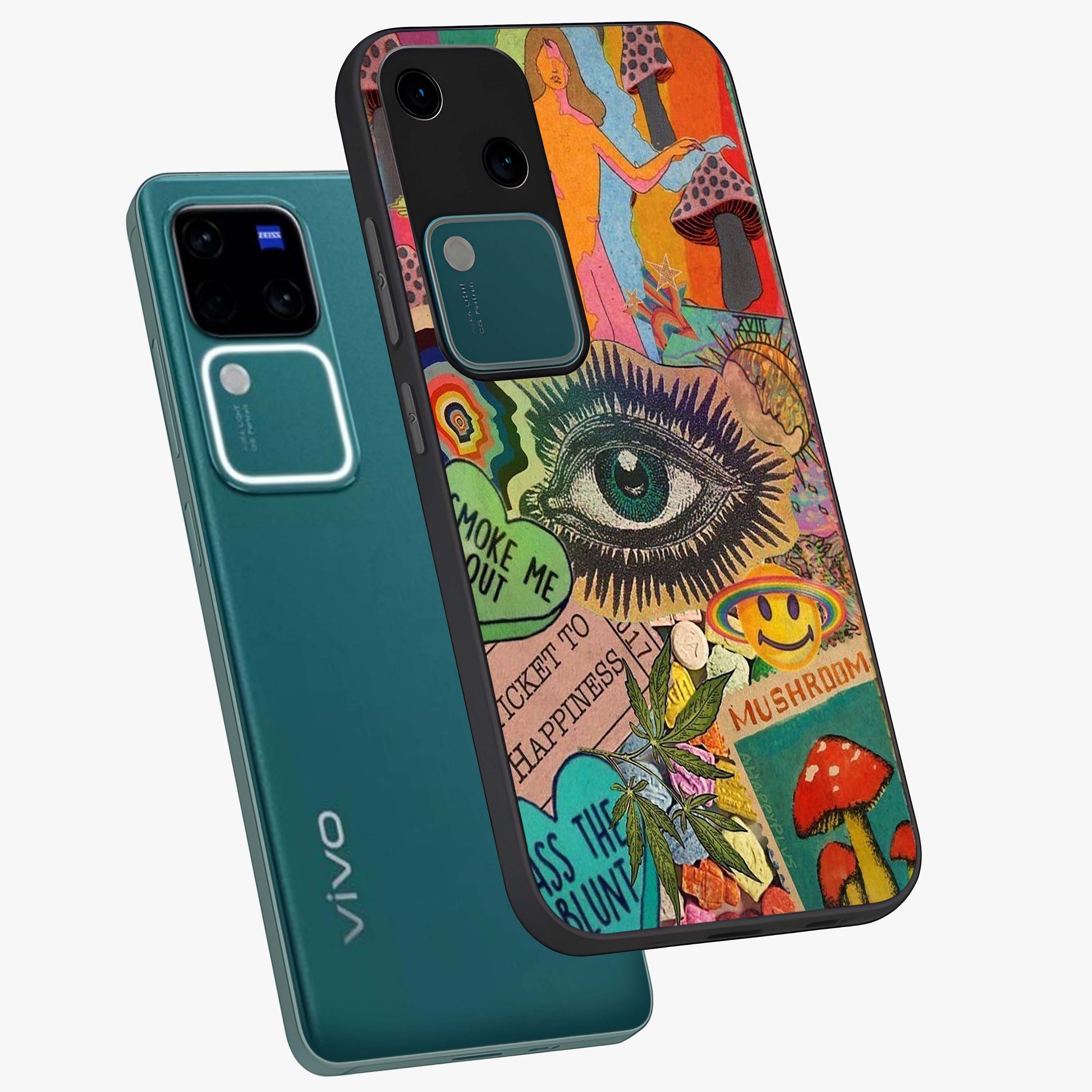 Mystic Eye Wonderland Glass Case displayed in angled mockup highlighting magical eye illustration with dreamy aesthetic.