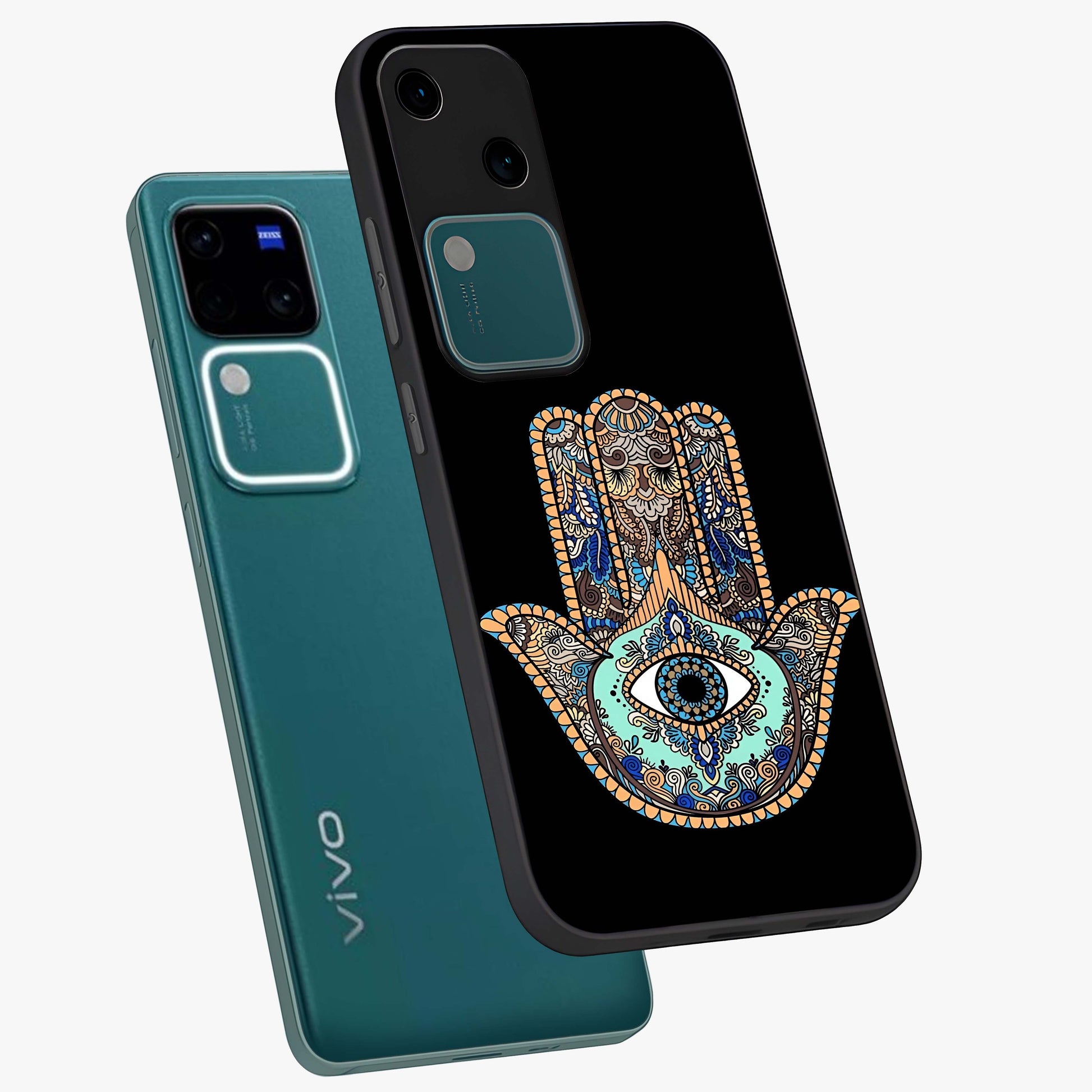 Mystic Hamsa Eye Glass Case displayed in angled mockup highlighting spiritual hamsa symbol with mystical aesthetic style.