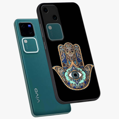 Mystic Hamsa Eye Glass Case displayed in angled mockup highlighting spiritual hamsa symbol with mystical aesthetic style.