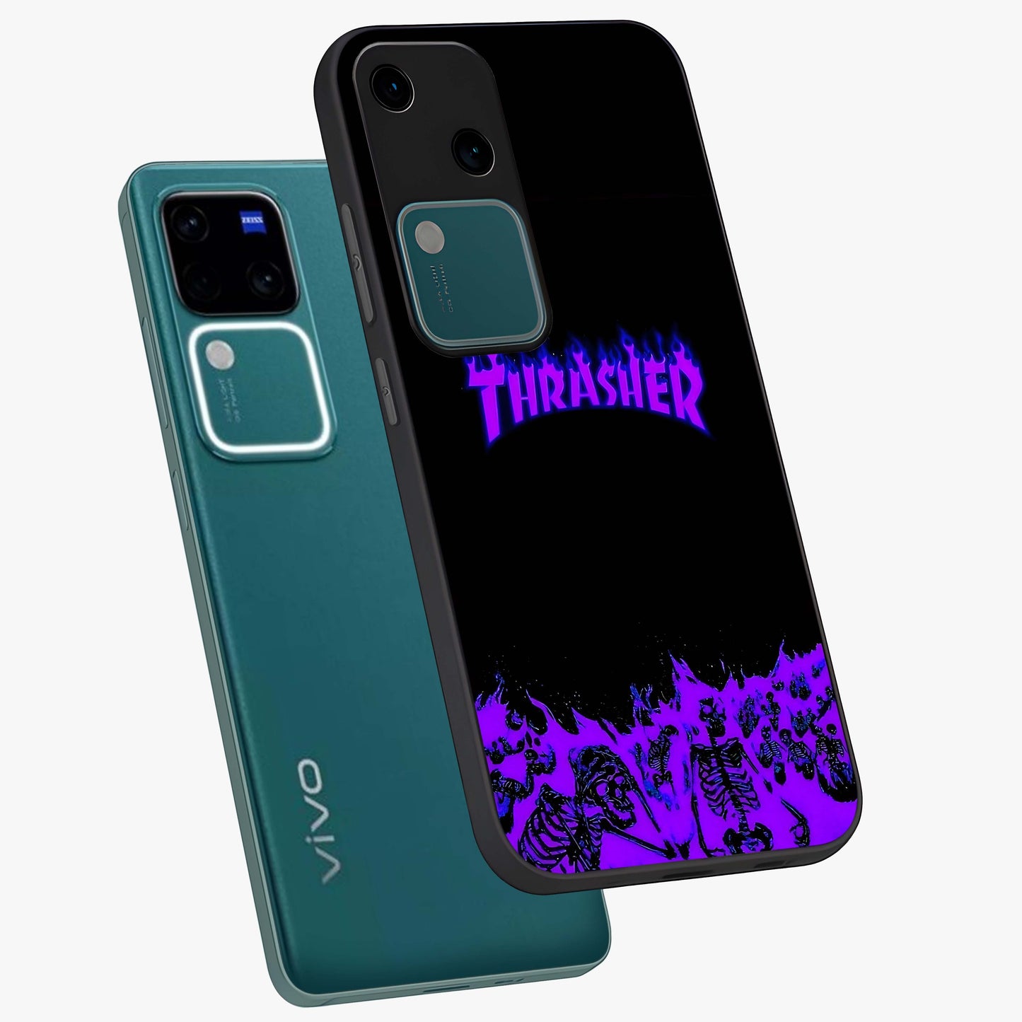 Neon Flame Riot Glass Case displayed in angled mockup highlighting glowing flame design with vibrant neon aesthetic.