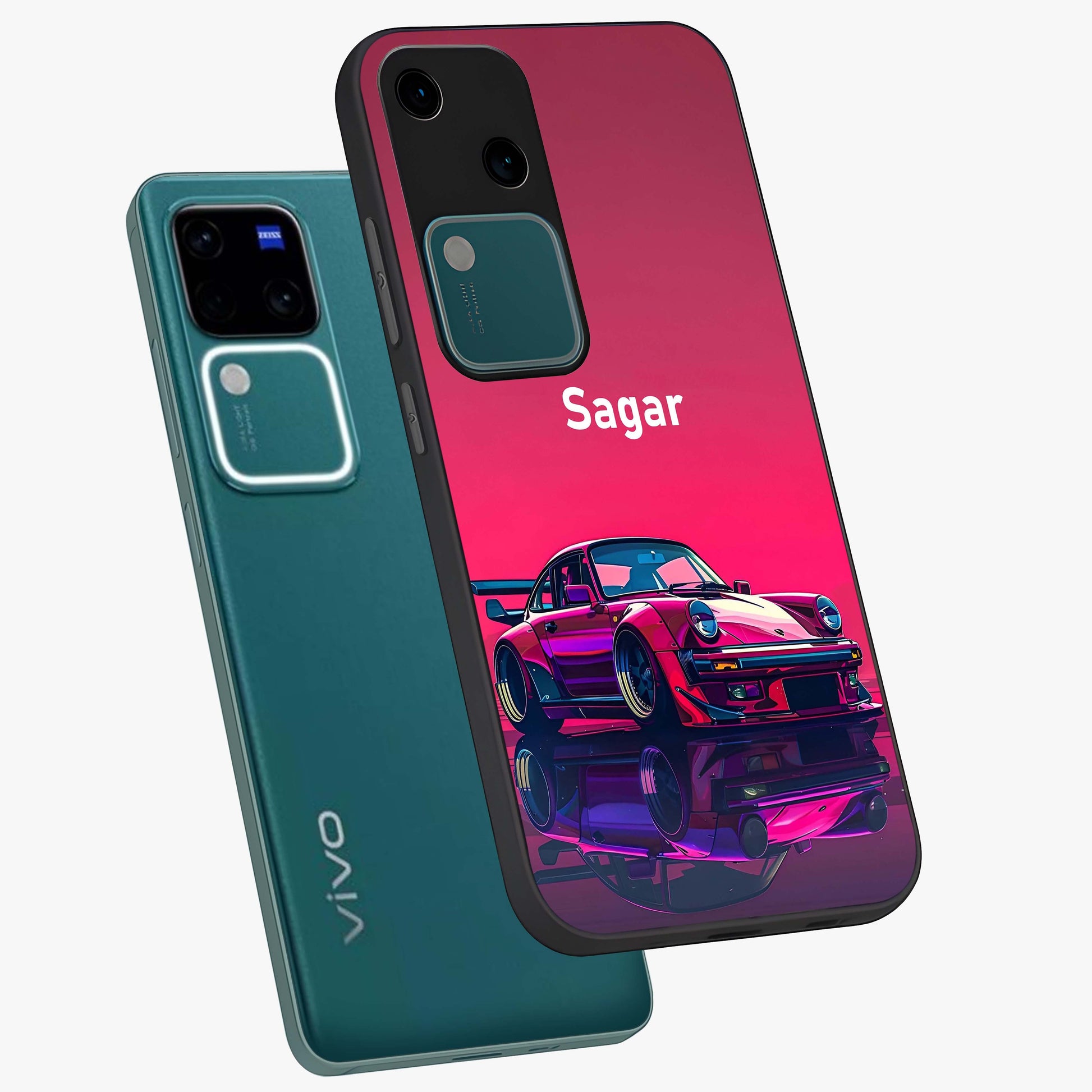 Neon Pink Porsche Glass Case displayed in angled mockup highlighting sleek neon pink car design with racing aesthetic.