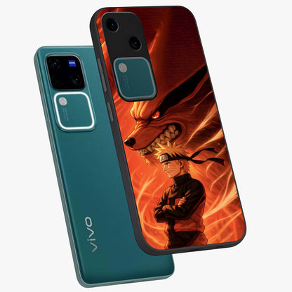 Nine Tails Legacy Glass Case displayed in angled mockup highlighting dynamic anime beast illustration with bold mystical aesthetic.