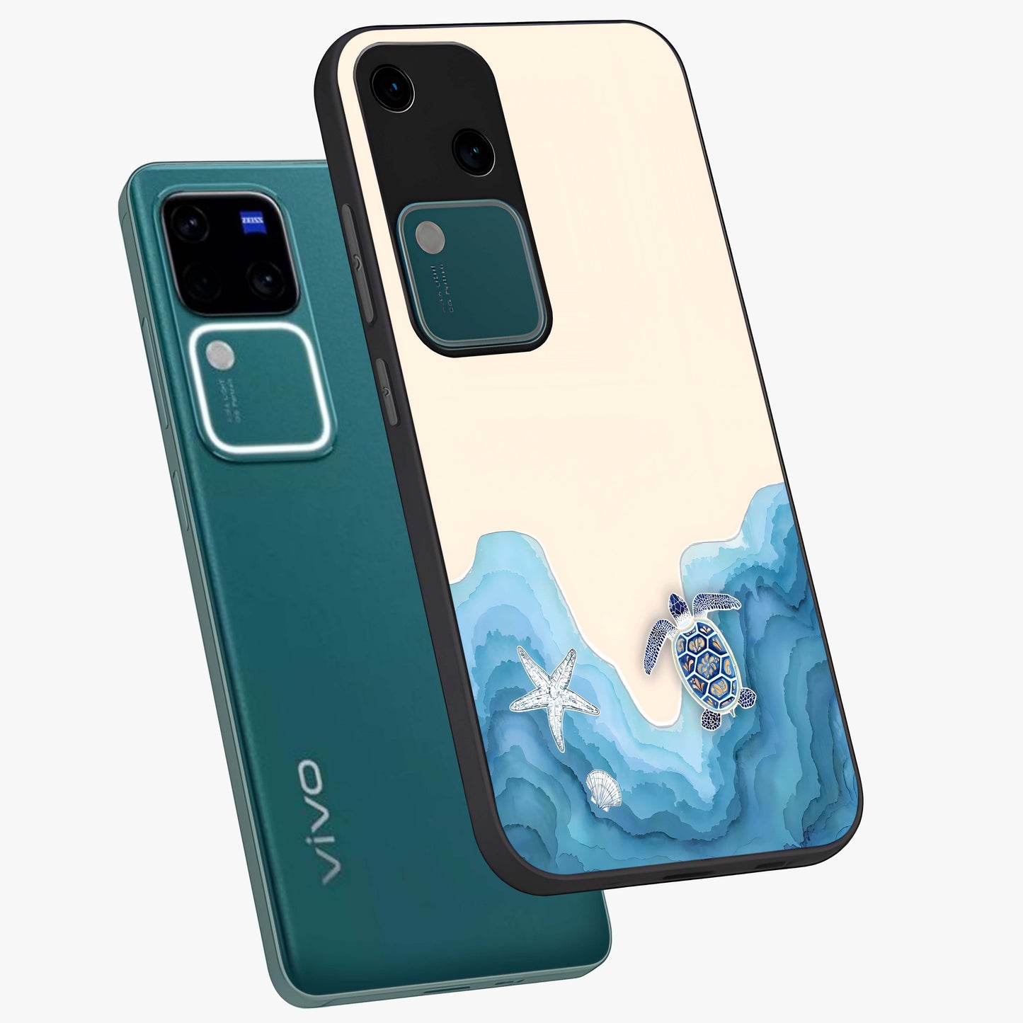Ocean Drift Turtle Glass Case displayed in angled mockup highlighting peaceful ocean turtle illustration with marine aesthetic.