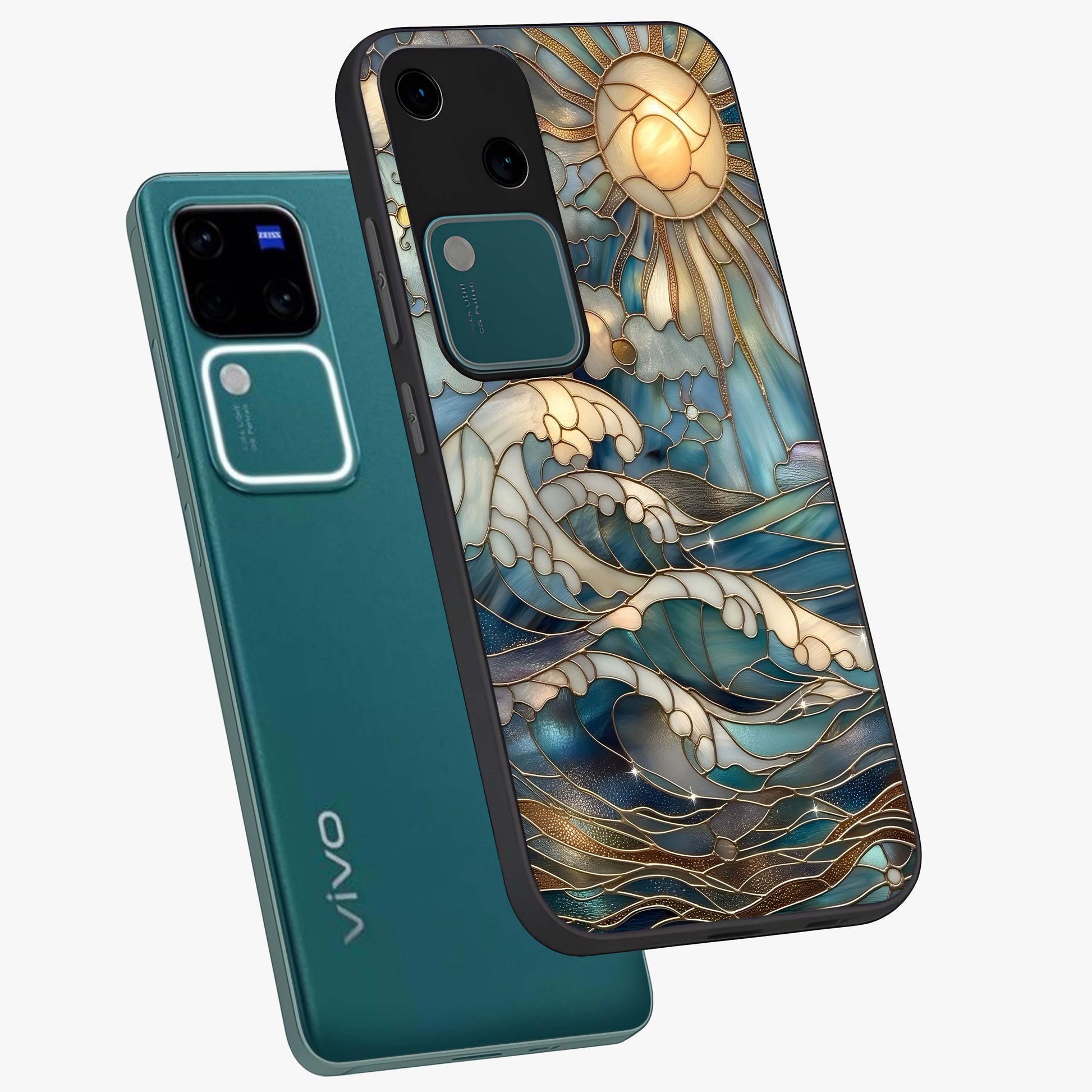 Oceanic Stained Printed Glass Case displayed in angled mockup highlighting colorful aquatic design with artistic aesthetic style.