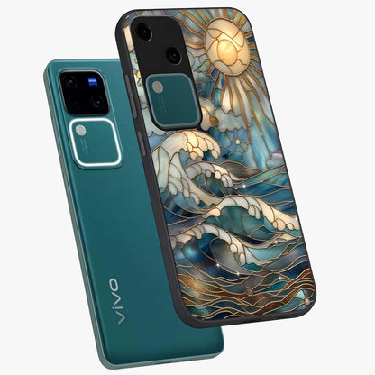 Oceanic Stained Printed Glass Case displayed in angled mockup highlighting colorful aquatic design with artistic aesthetic style.