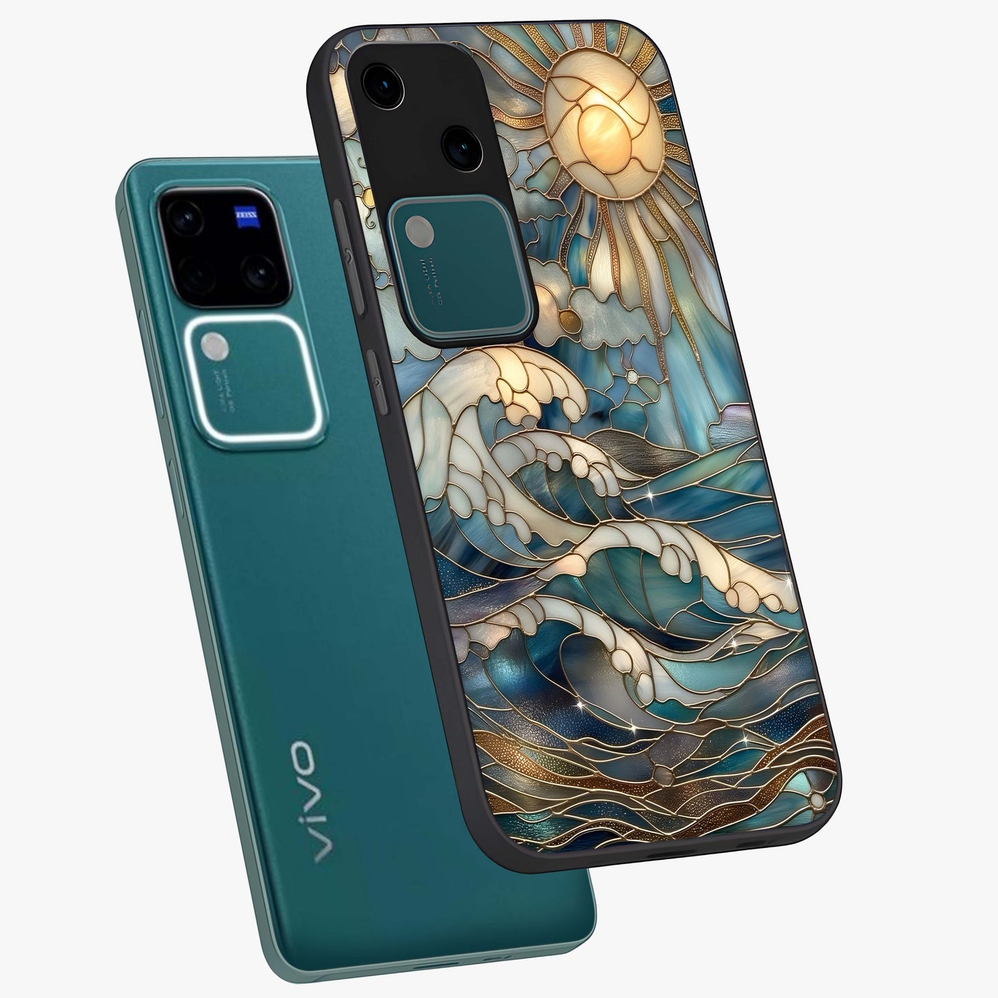 Oceanic Stained Printed Glass Case displayed in angled mockup highlighting colorful aquatic design with artistic aesthetic style.