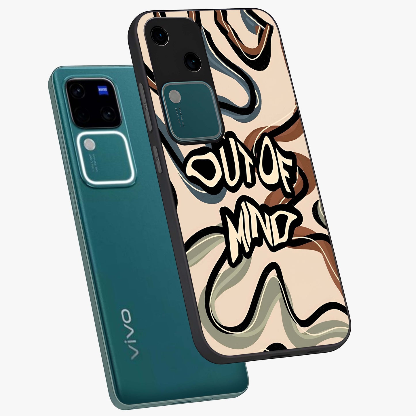 Out Of Mind Glass Case displayed in angled mockup highlighting bold statement design with modern artistic aesthetic.