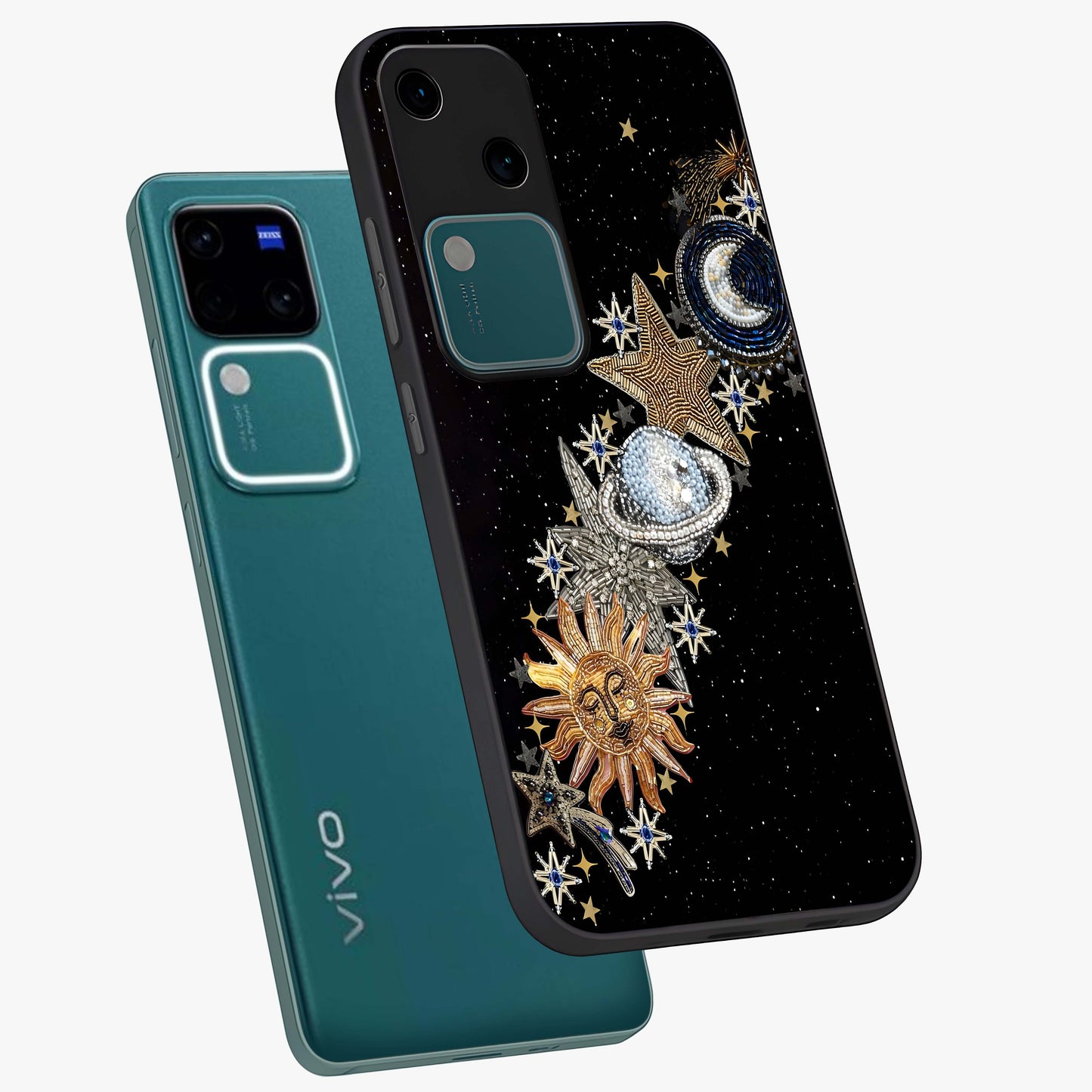 Pearls Universe Object Glass Case displayed in angled mockup highlighting celestial pearl design with dreamy aesthetic.