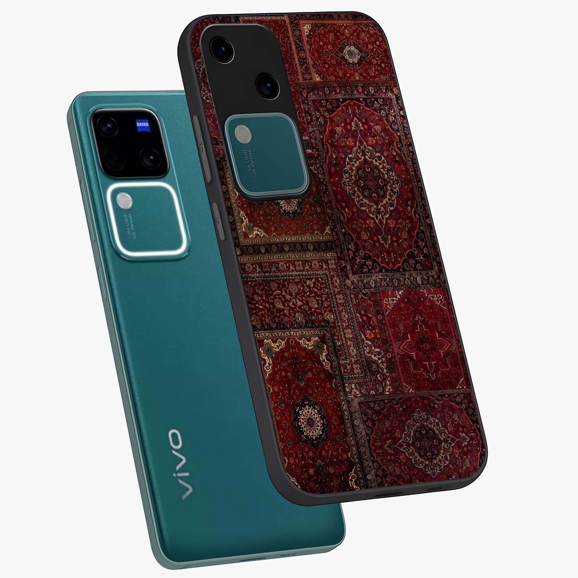 Persian Velvet Tale Glass Case displayed in angled mockup highlighting ornate textile inspired design with royal aesthetic.