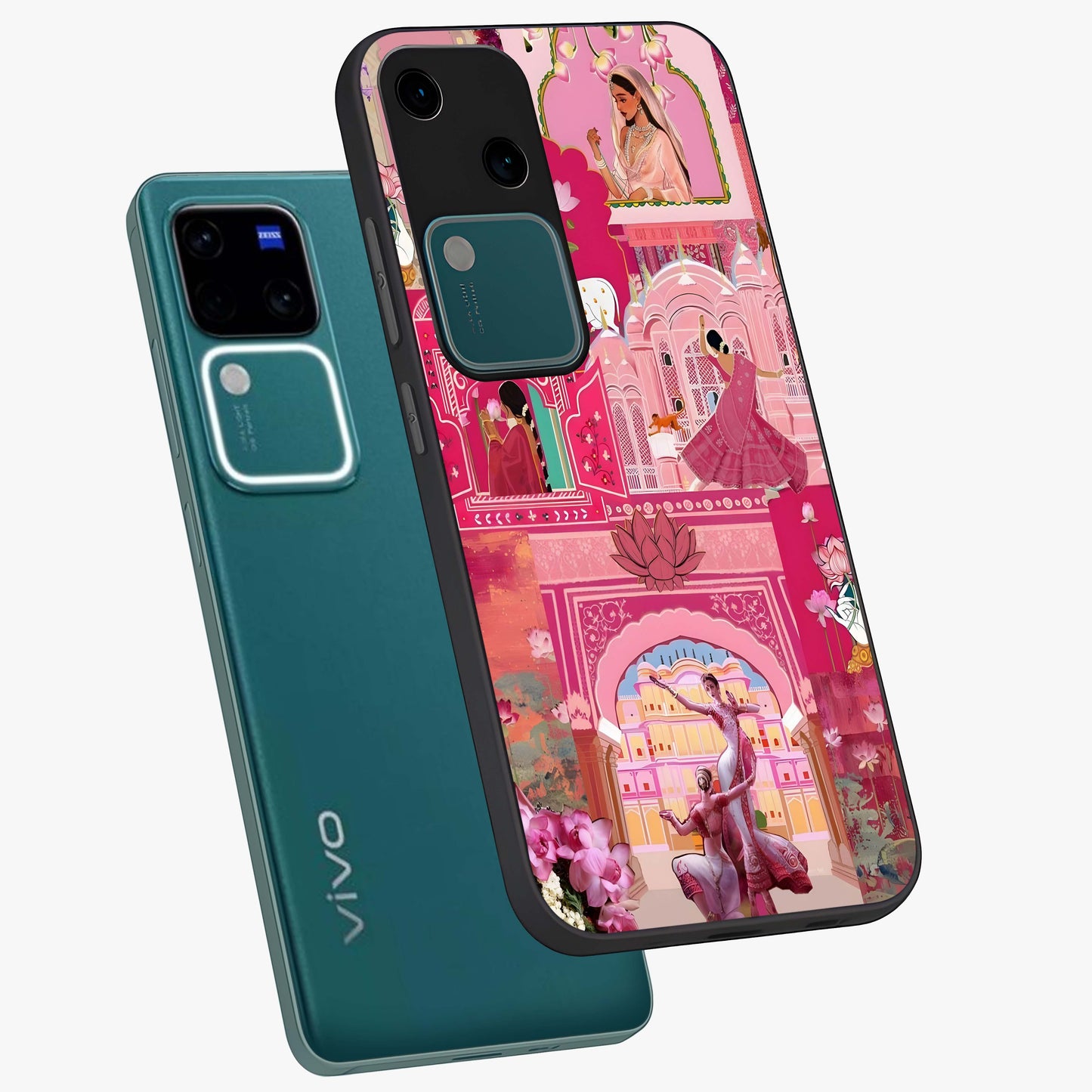 Pink Palace Muse Glass Case displayed in angled mockup highlighting dreamy palace illustration with soft pink aesthetic.