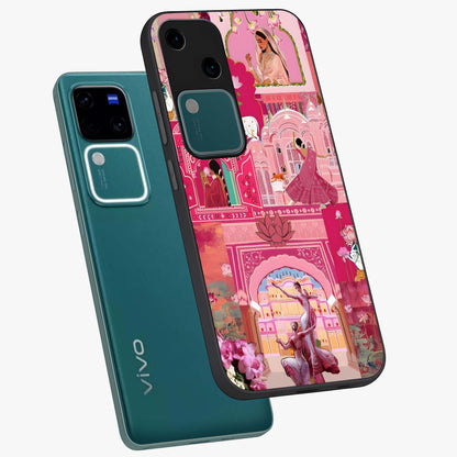 Pink Palace Muse Glass Case displayed in angled mockup highlighting dreamy palace illustration with soft pink aesthetic.