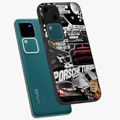 Porsche Racing Collage Glass Case displayed in angled mockup highlighting dynamic automotive design with bold racing aesthetic.