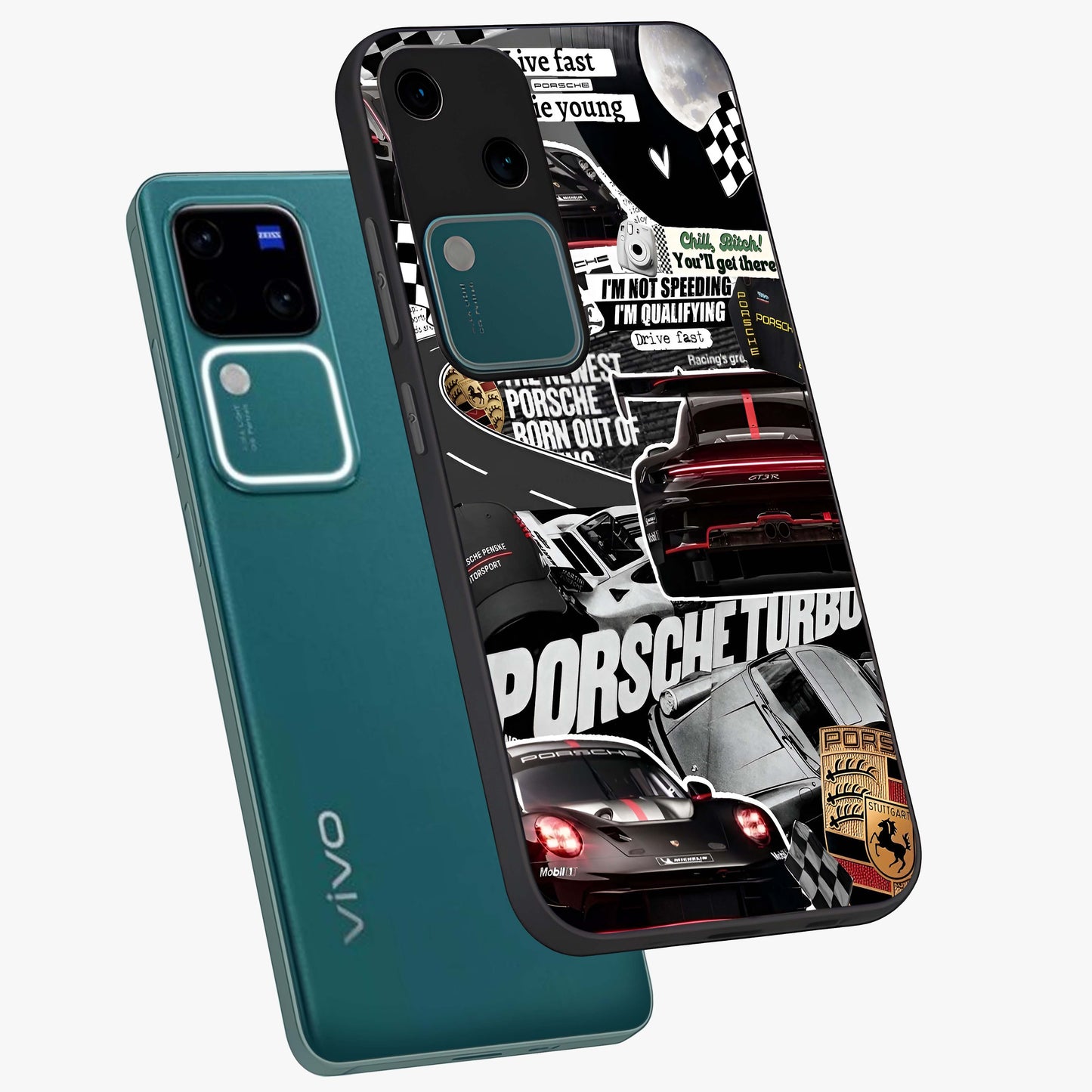 Porsche Racing Collage Glass Case displayed in angled mockup highlighting dynamic automotive design with bold racing aesthetic.