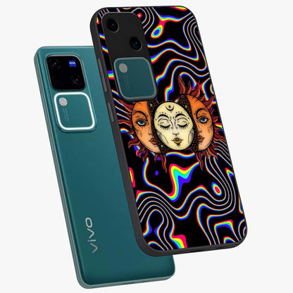 Psychedelic Sun Glass Case displayed in angled mockup highlighting vibrant abstract sun design with artistic aesthetic style.