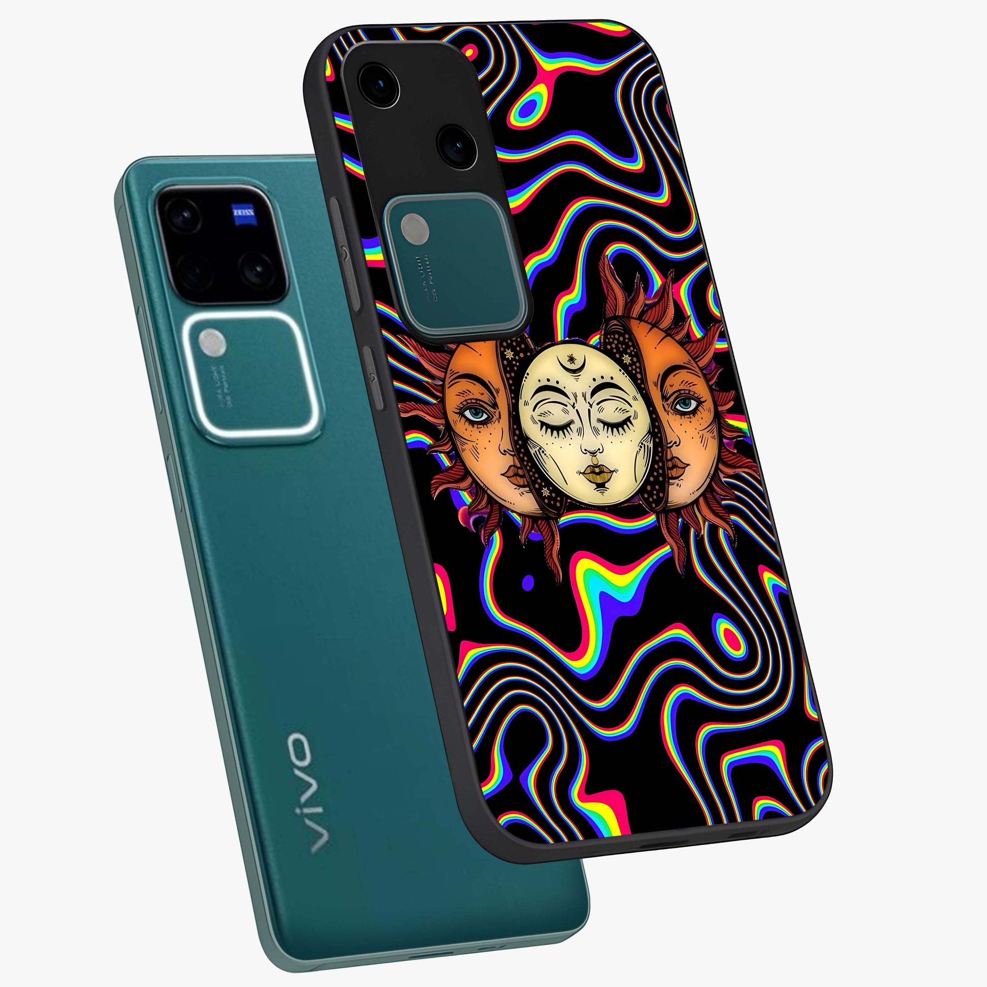 Psychedelic Sun Glass Case displayed in angled mockup highlighting vibrant abstract sun design with artistic aesthetic style.