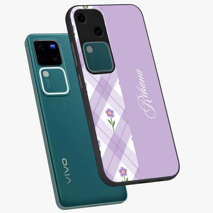 Purple Diamond Floral Glass Case displayed in angled mockup highlighting elegant purple flower design with decorative pattern.