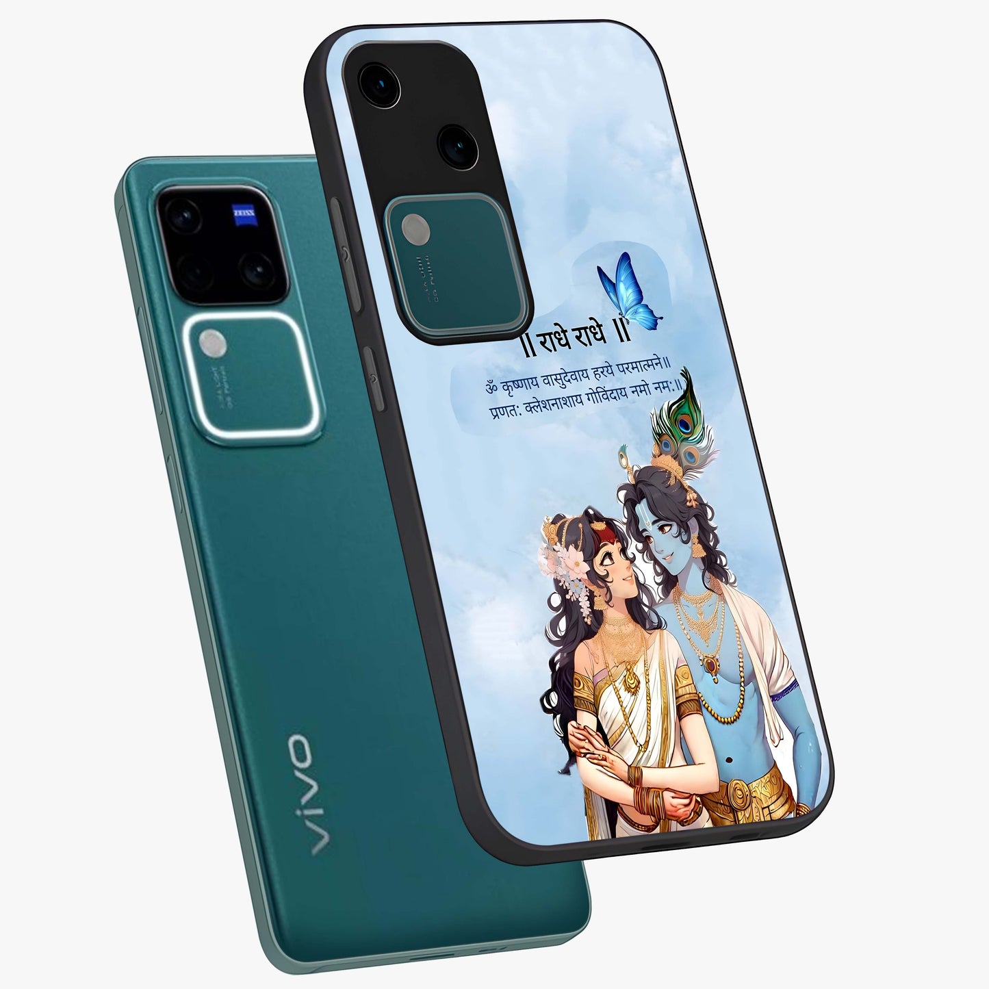 Radha Krishna Eternal Glass Case displayed in angled mockup highlighting divine Radha Krishna illustration with spiritual aesthetic.