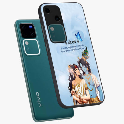 Radha Krishna Eternal Glass Case displayed in angled mockup highlighting divine Radha Krishna illustration with spiritual aesthetic.