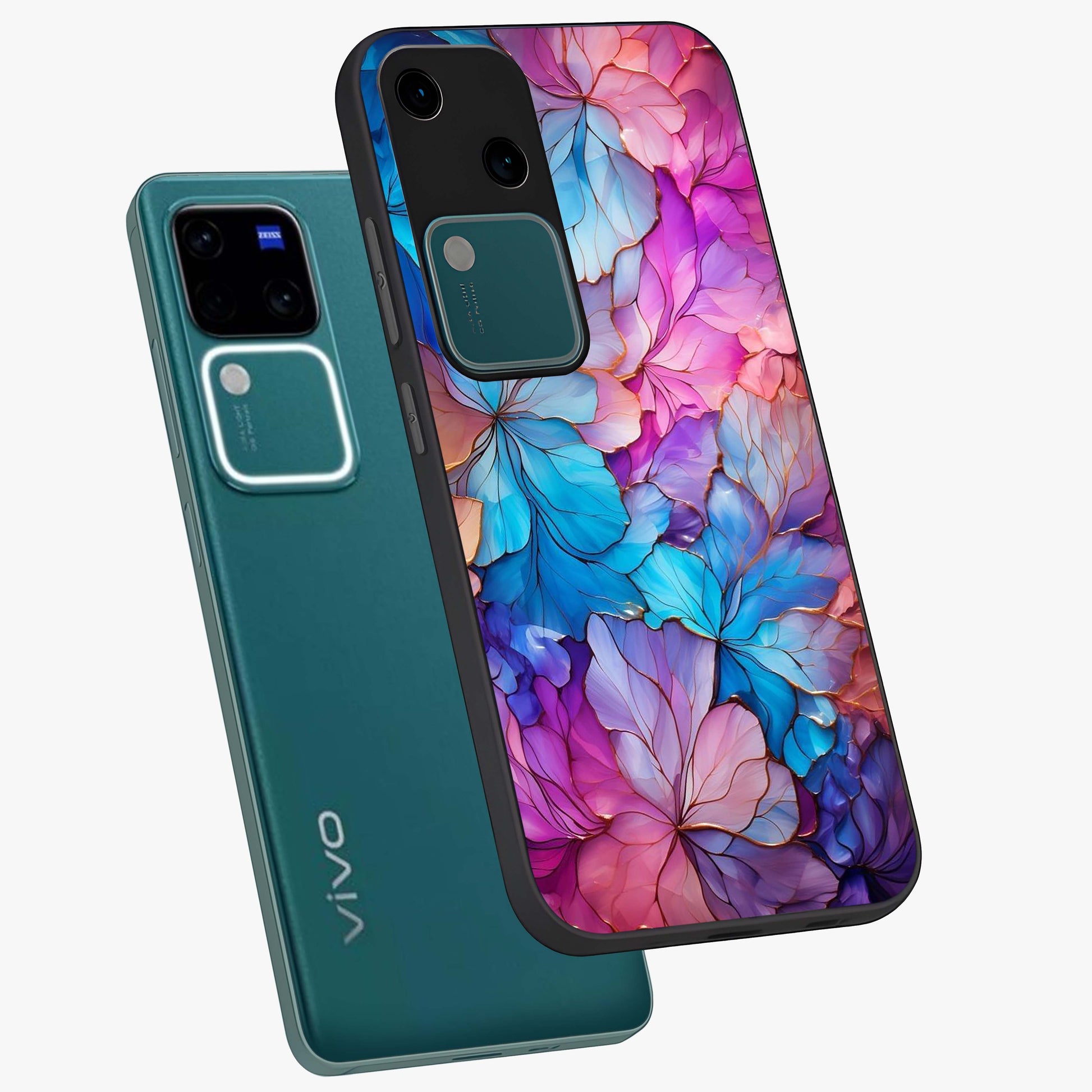 Radiant Floral Whirl Glass Case displayed in angled mockup highlighting vibrant flower pattern with dynamic artistic aesthetic.