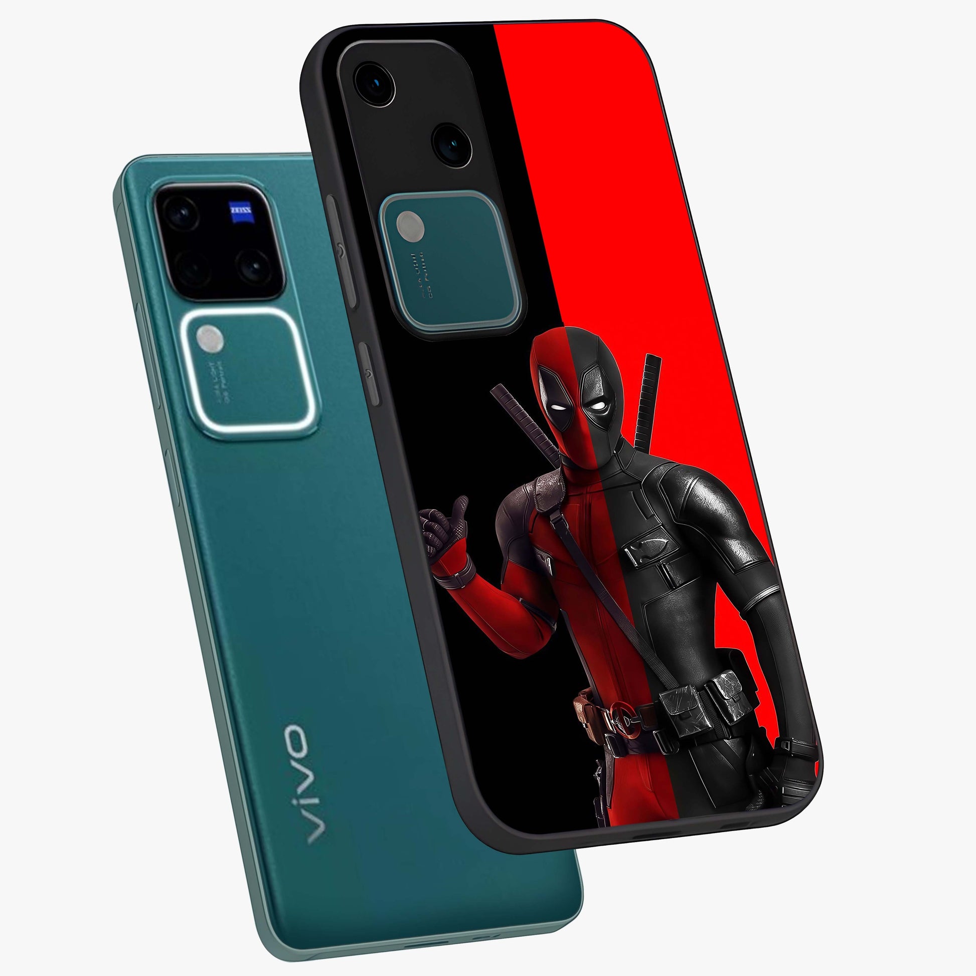 Red & Black Deadpool Theme Glass Case displayed in angled mockup highlighting vibrant superhero style illustration with action aesthetic.