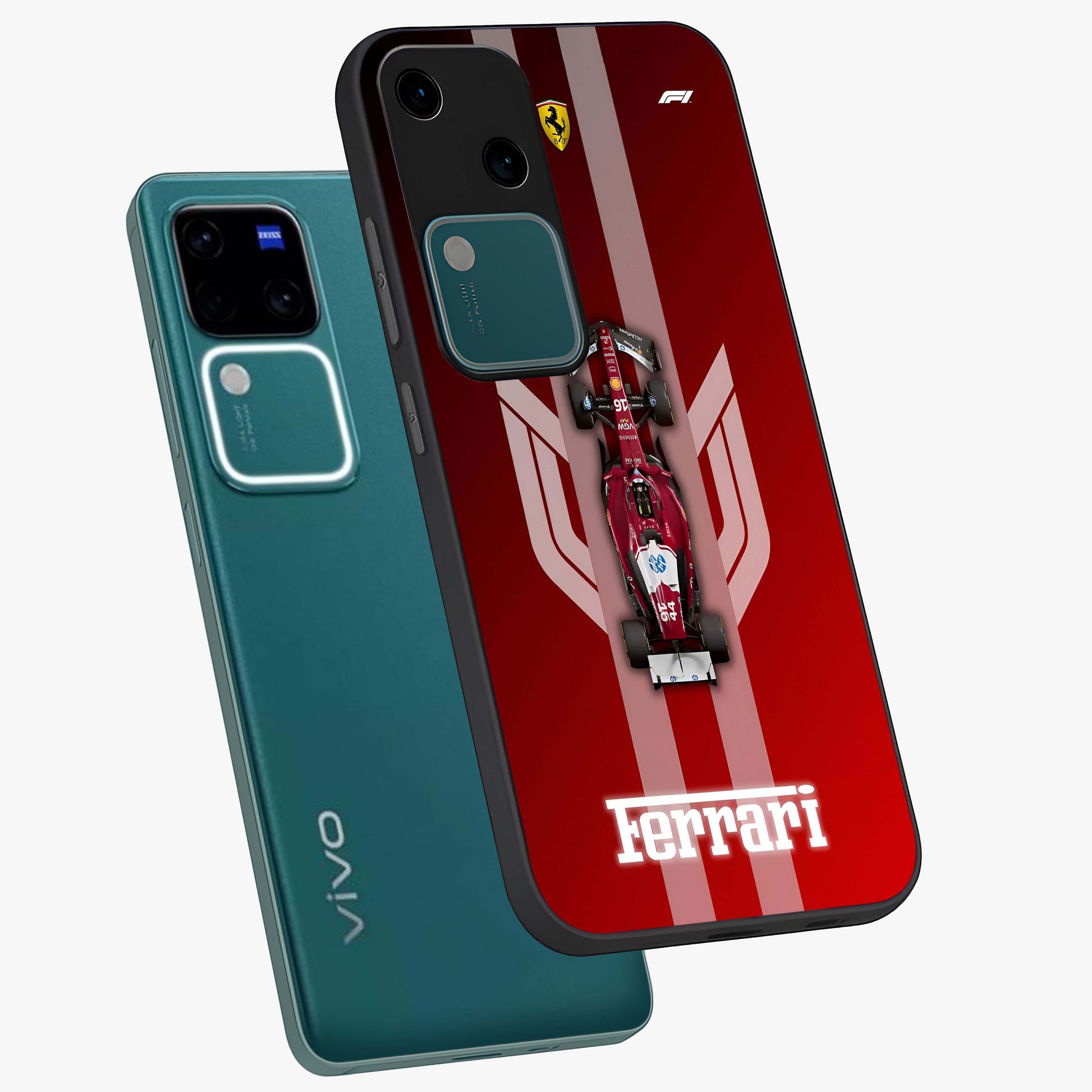 Red Ferrari F1 Vertical Glass Case displayed in angled mockup highlighting high speed racing design with bold automotive aesthetic.