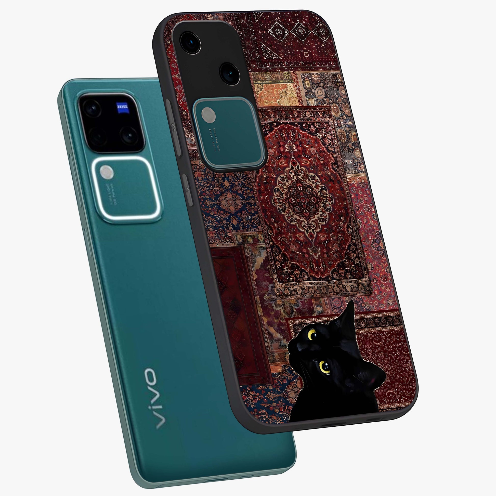 Regal Magic Cat Apple Glass Case displayed in angled mockup highlighting whimsical feline design with fantasy aesthetic.