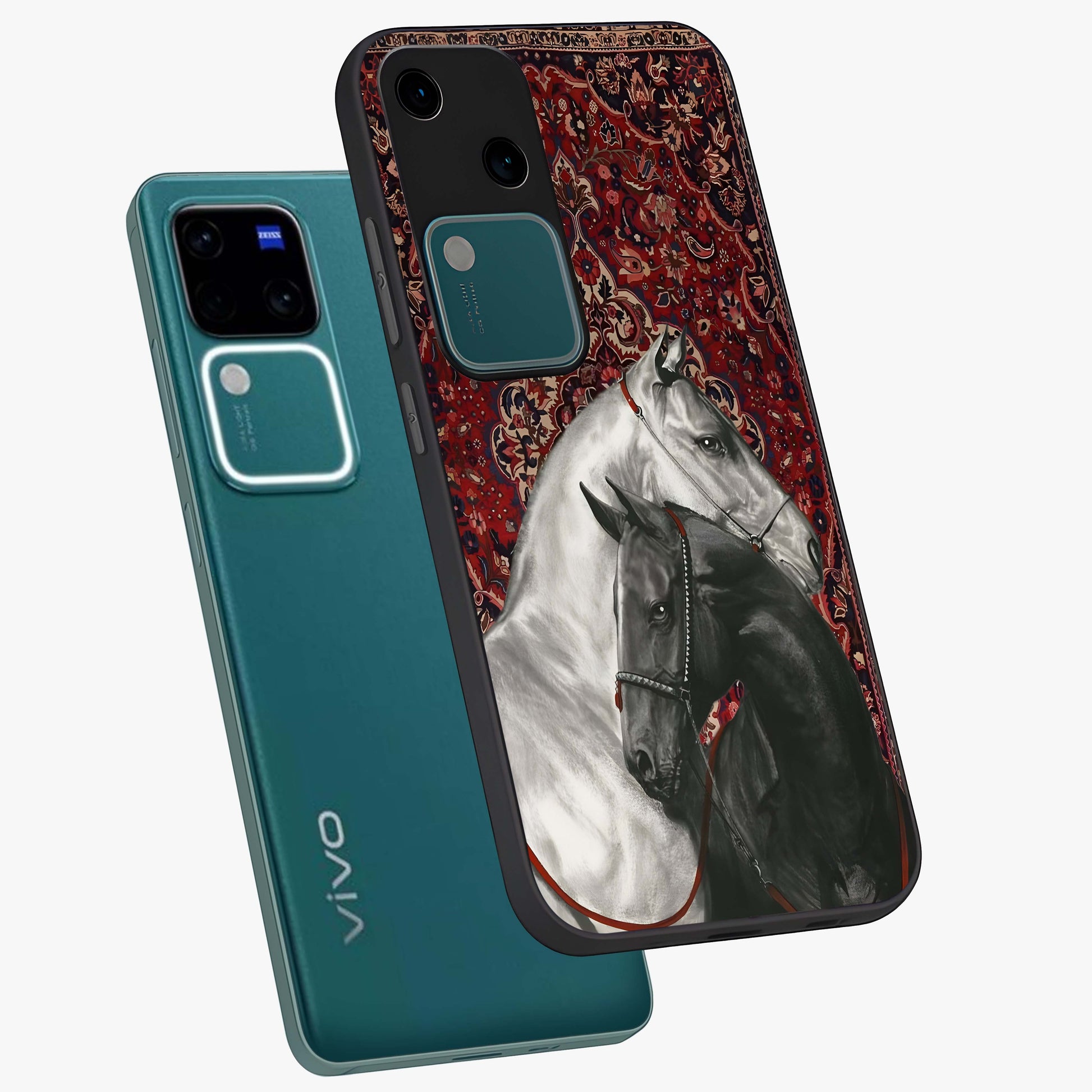 Regal Stallion Tapestry Glass Case displayed in angled mockup highlighting royal stallion design with decorative heritage aesthetic.
