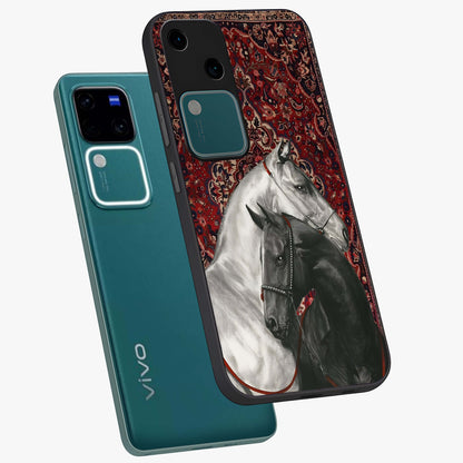 Regal Stallion Tapestry Glass Case displayed in angled mockup highlighting royal stallion design with decorative heritage aesthetic.
