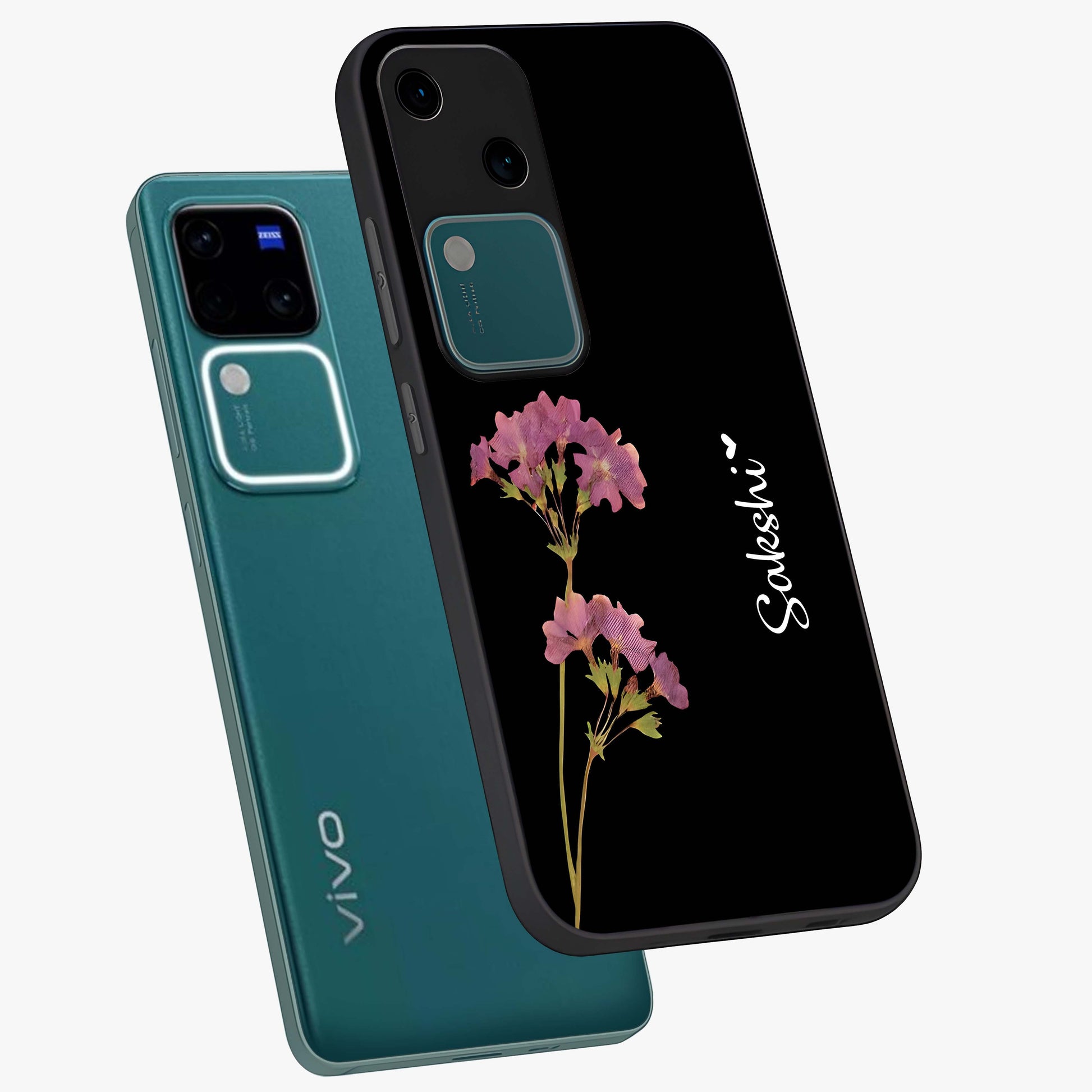 Riching Lavender Flower Custom Name Glass Case displayed in angled mockup highlighting delicate lavender flower design with custom name feature.