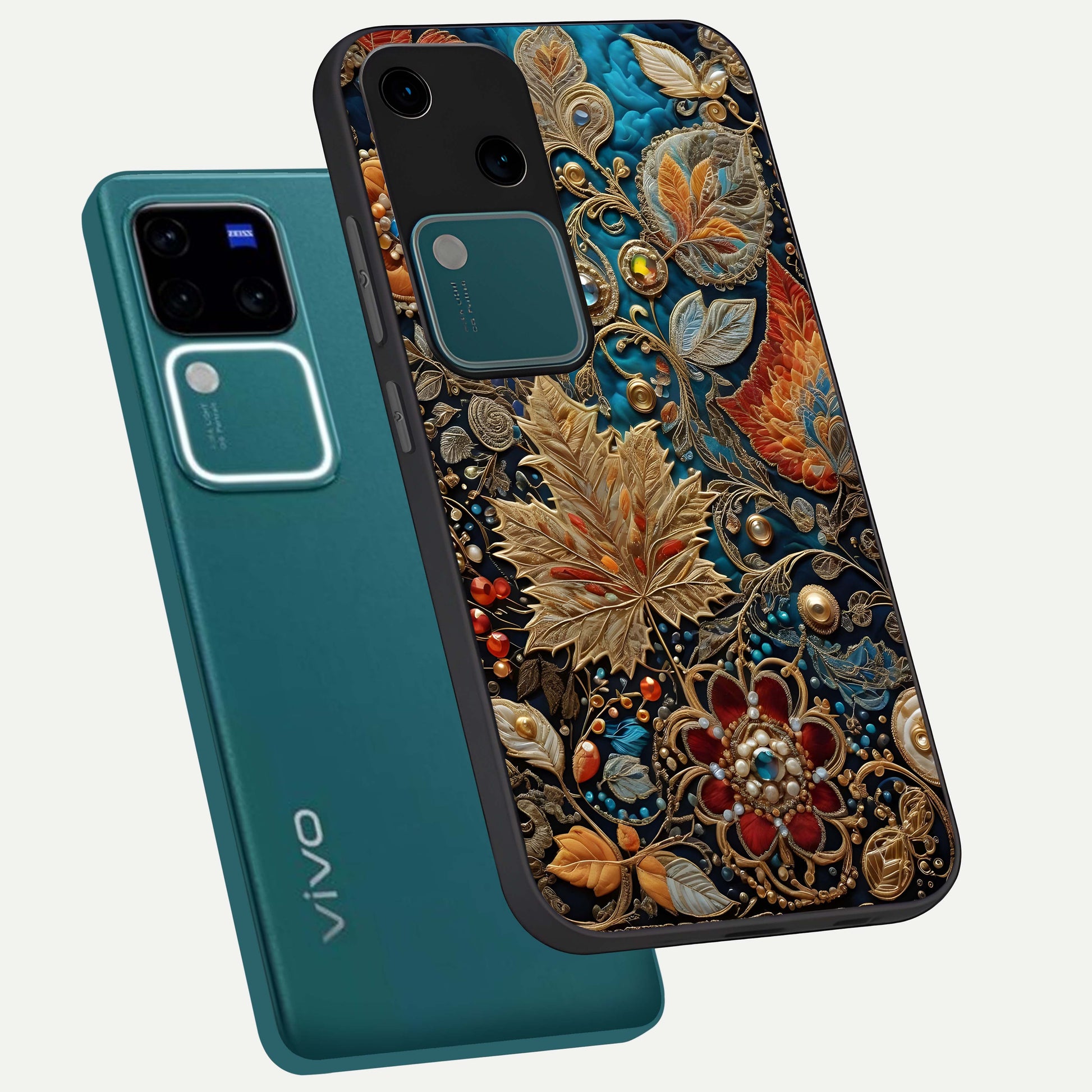 Royal Jewel Garden Glass Case displayed in angled mockup highlighting vibrant jewel inspired floral design with elegant aesthetic.