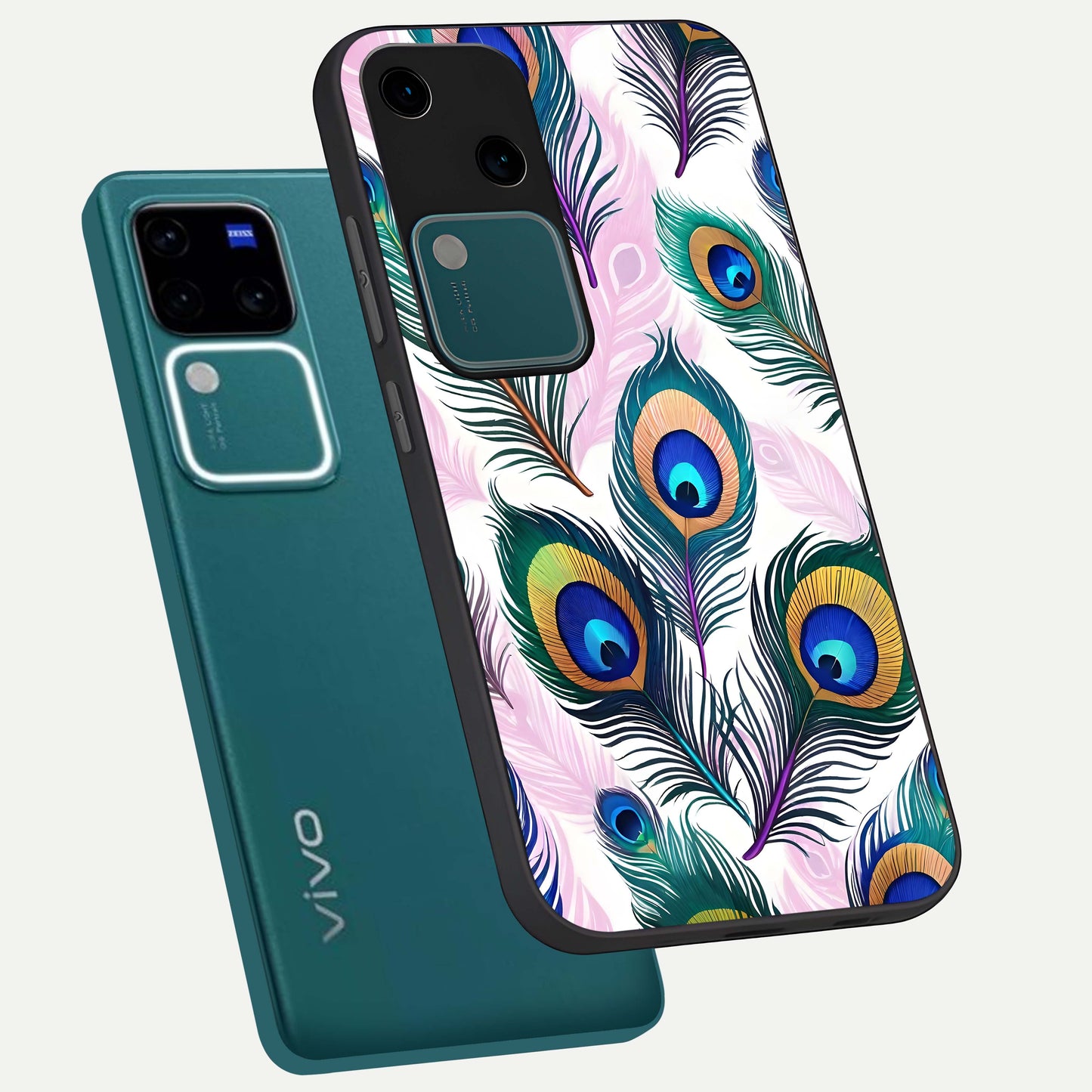 Royal Peacock Feathers Glass Case displayed in angled mockup highlighting vibrant feather pattern with regal aesthetic style.