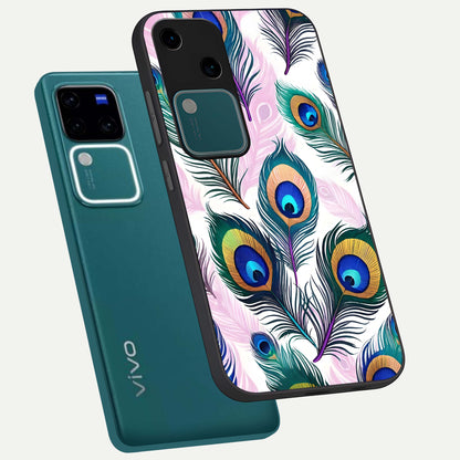 Royal Peacock Feathers Glass Case displayed in angled mockup highlighting vibrant feather pattern with regal aesthetic style.