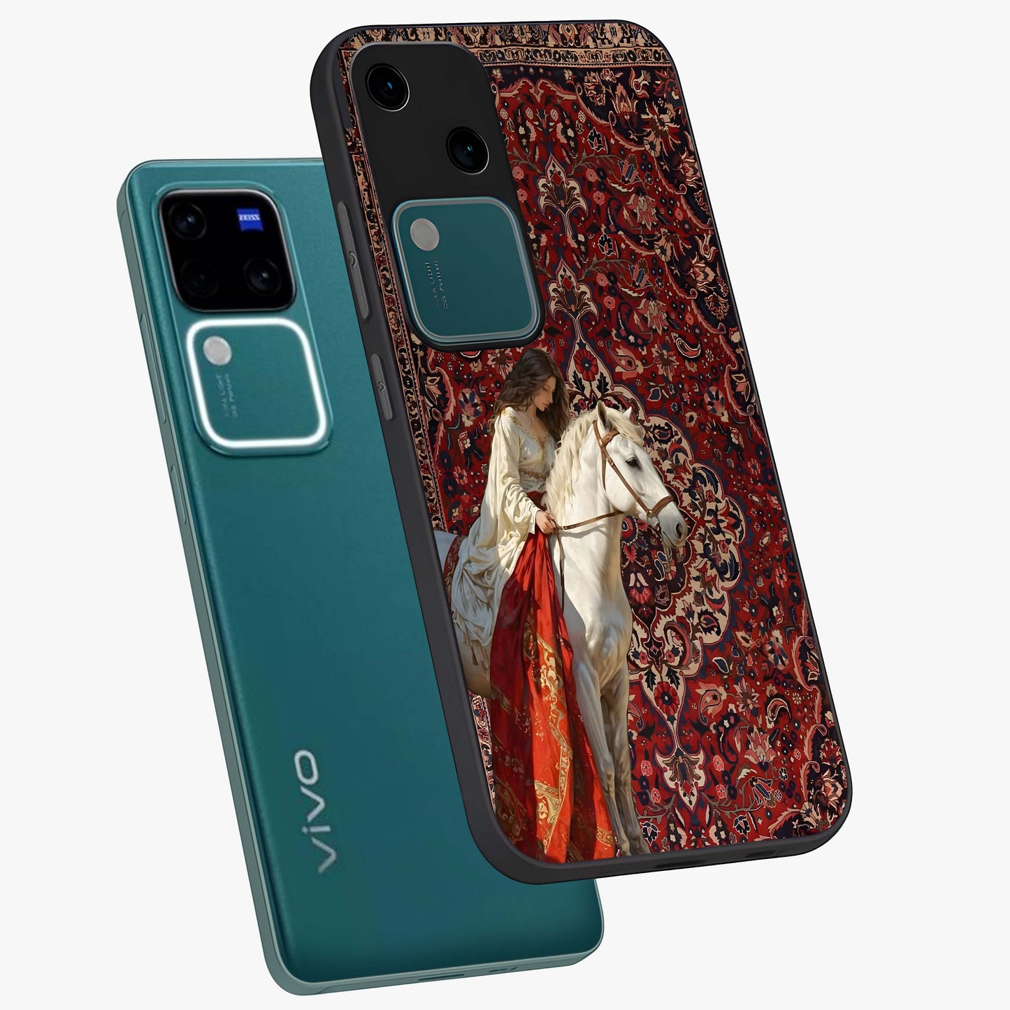 Royal Rider Tapestry Glass Case displayed in angled mockup highlighting traditional tapestry design with royal heritage aesthetic.