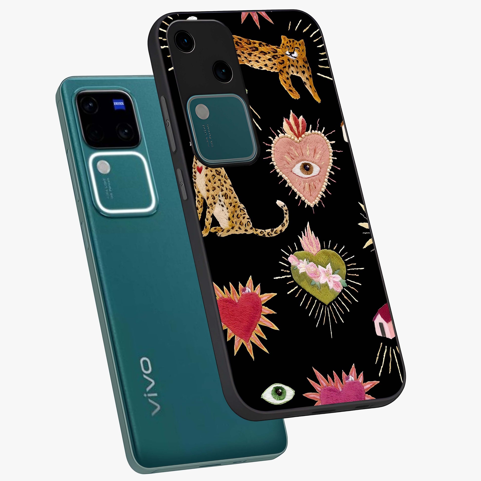 Sacred Jungle Heart Glass Case displayed in angled mockup highlighting lush tropical design with natural aesthetic style.