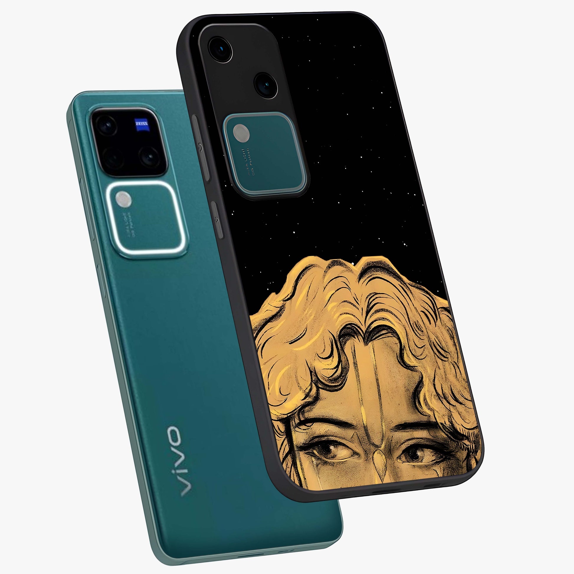 Shri Krishna Art Glass Case displayed in angled mockup highlighting spiritual Krishna illustration with divine aesthetic.