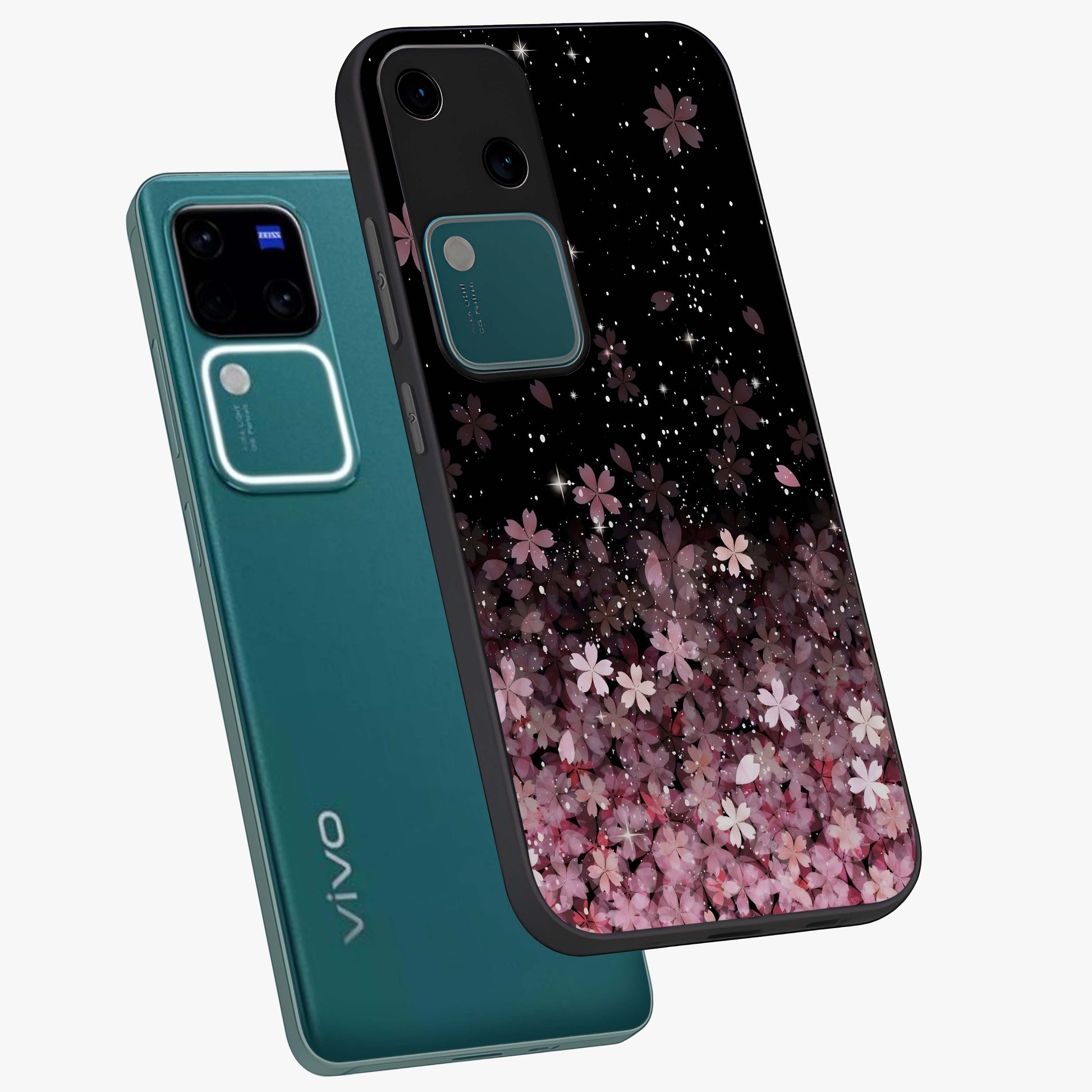 Small Starry Flowers Glass Case displayed in angled mockup highlighting tiny flower pattern with celestial aesthetic style.