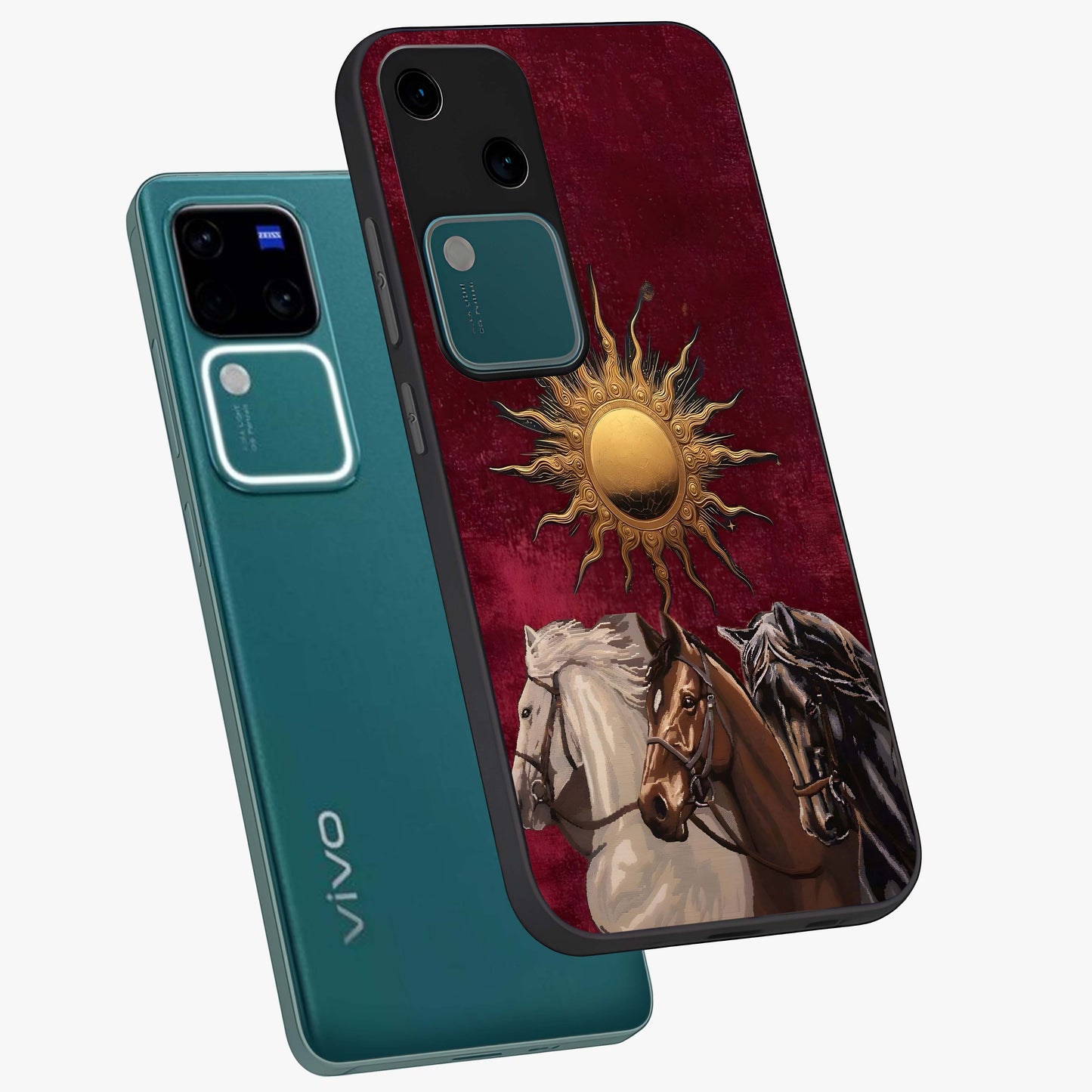 Solar Riders Glass Case displayed in angled mockup highlighting powerful rider illustration with radiant solar aesthetic.