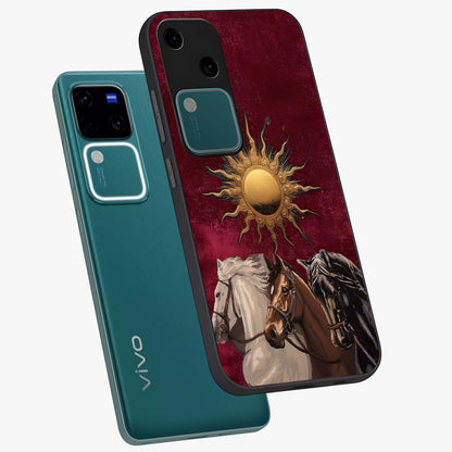 Solar Riders Glass Case displayed in angled mockup highlighting powerful rider illustration with radiant solar aesthetic.