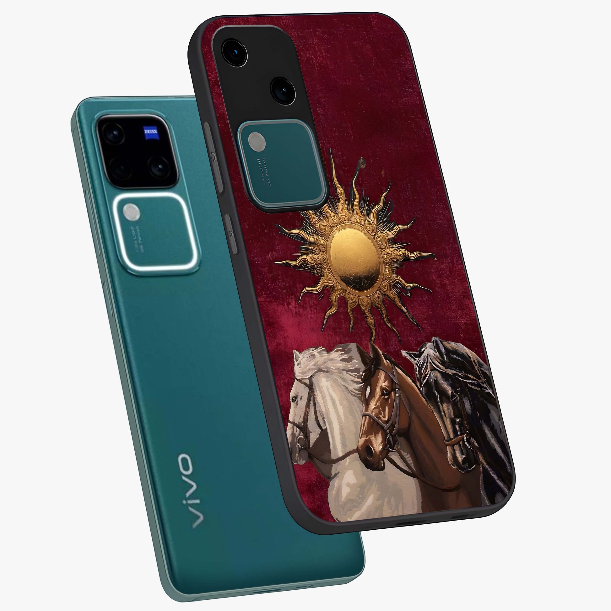 Solar Riders Glass Case displayed in angled mockup highlighting powerful rider illustration with radiant solar aesthetic.