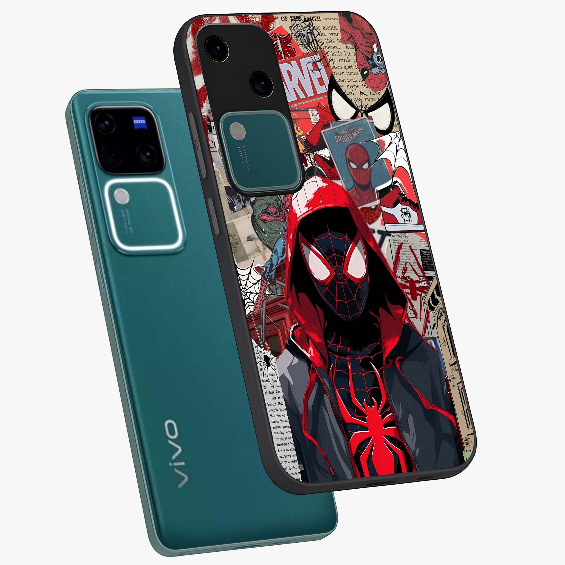 Spider Collage Street Glass Case displayed in angled mockup highlighting dynamic street style collage design with comic aesthetic.