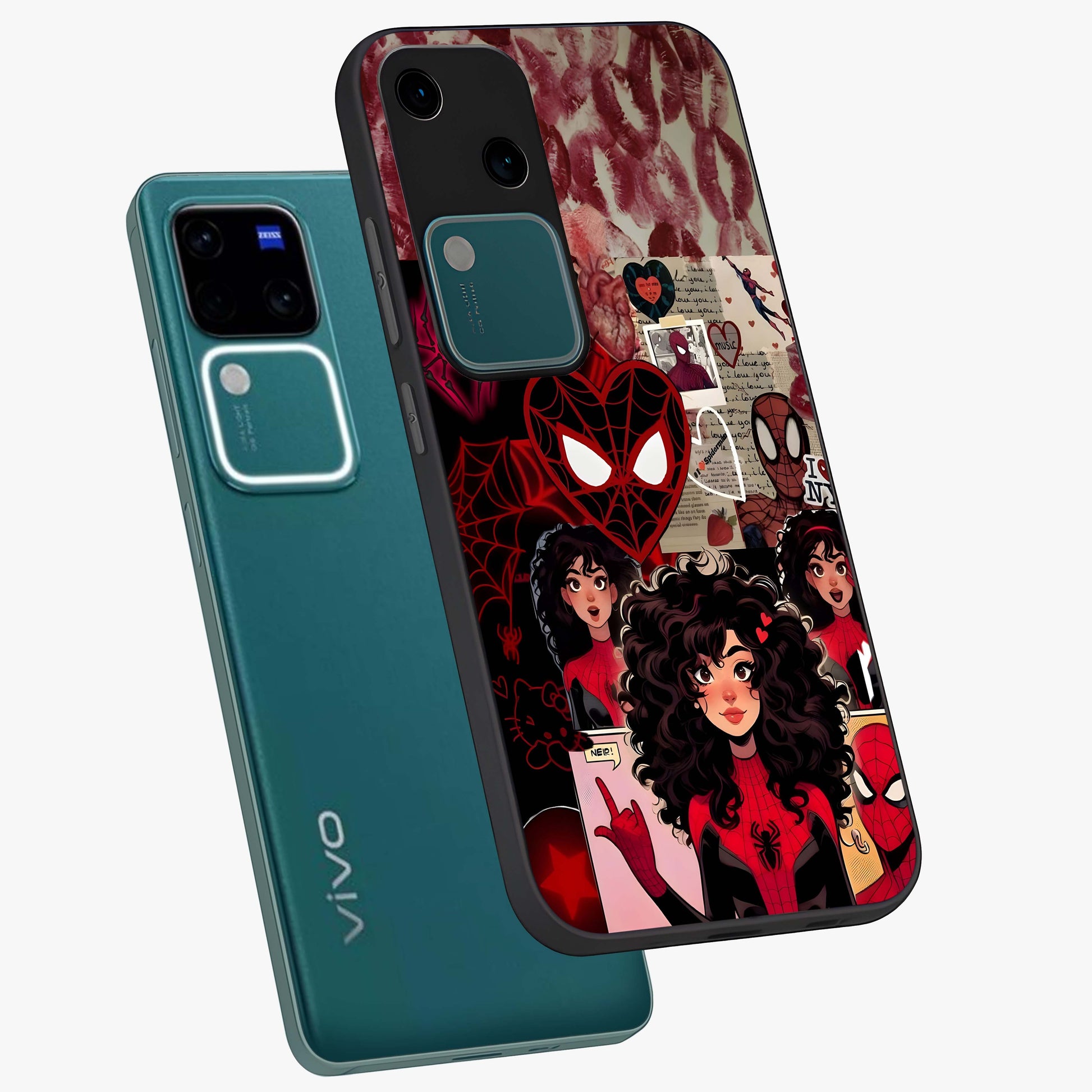 Spider Love Story Glass Case displayed in angled mockup highlighting expressive comic inspired design with playful aesthetic.