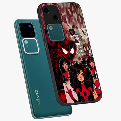 Spider Love Story Glass Case displayed in angled mockup highlighting expressive comic inspired design with playful aesthetic.