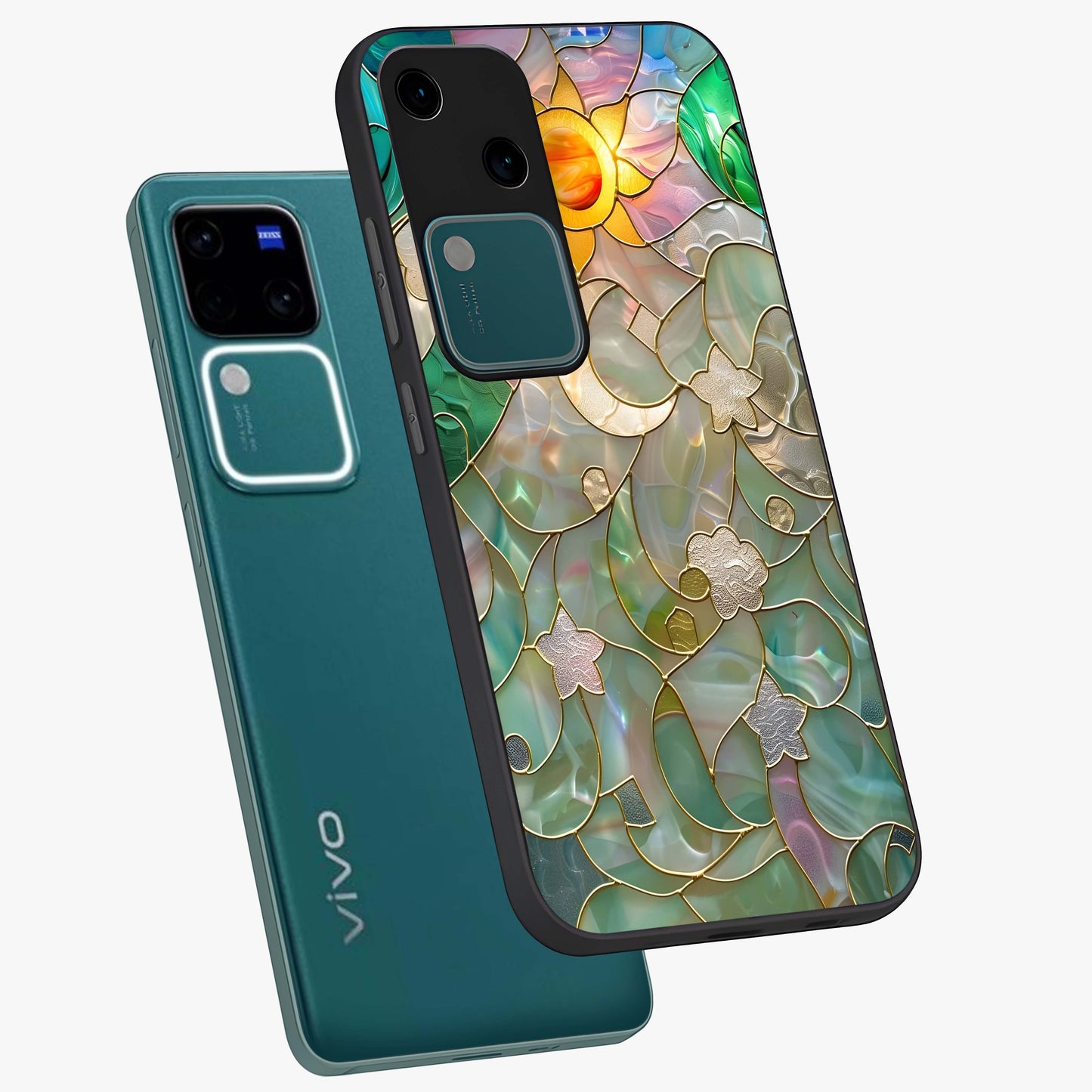 Stained Sunrise Glow Glass Case displayed in angled mockup highlighting radiant sunrise design with artistic aesthetic style.