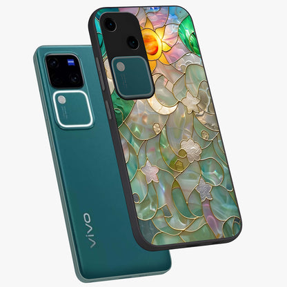 Stained Sunrise Glow Glass Case displayed in angled mockup highlighting radiant sunrise design with artistic aesthetic style.