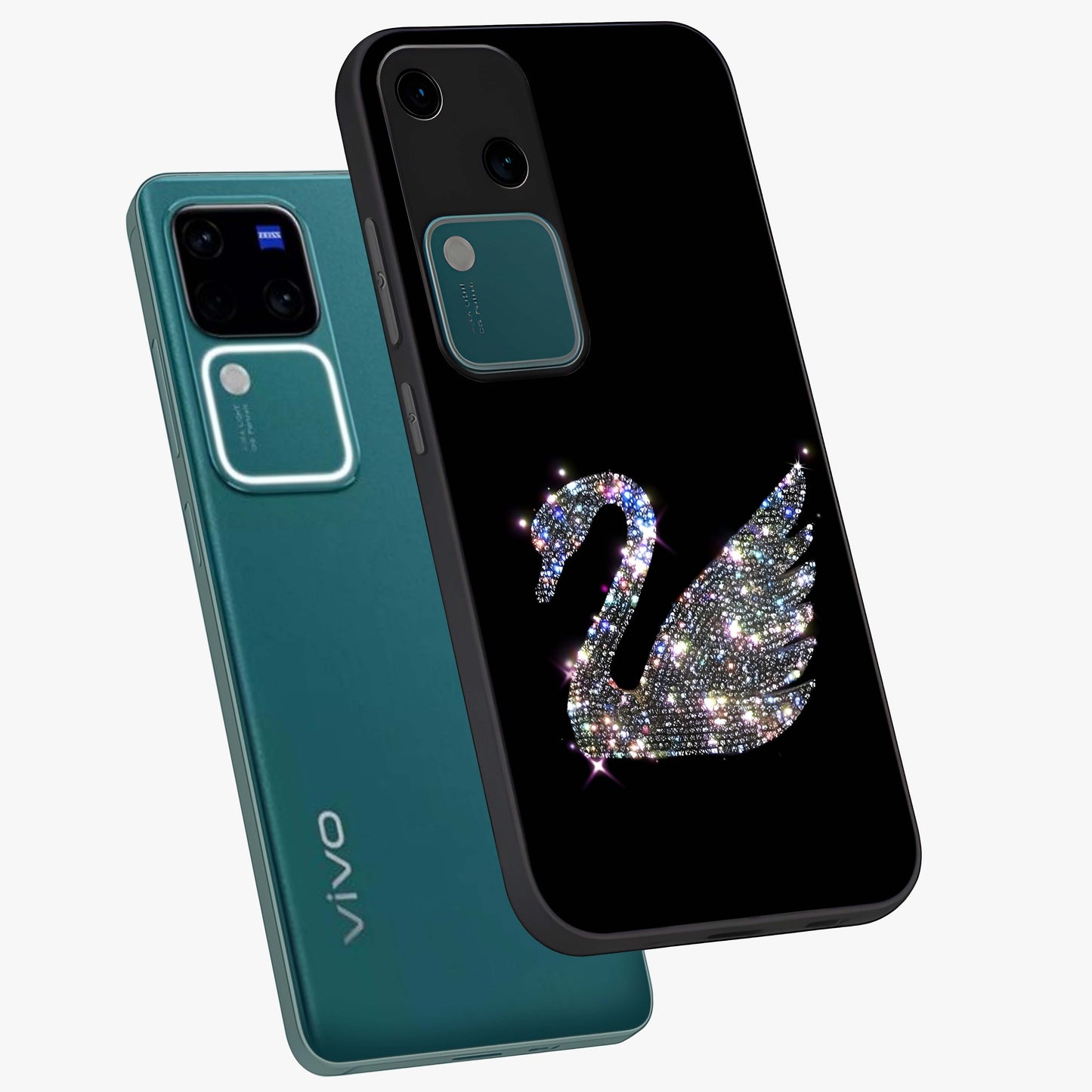Starlit Swan Grace Glass Case displayed in angled mockup highlighting elegant swan illustration with dreamy celestial aesthetic.