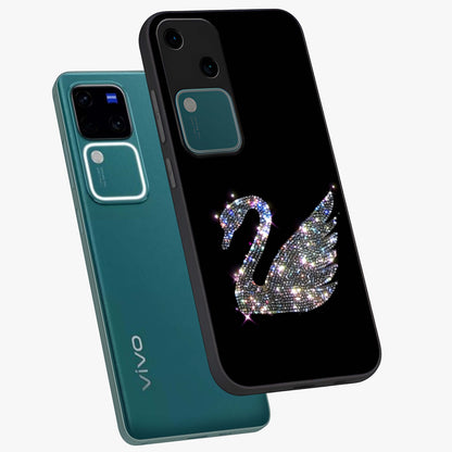Starlit Swan Grace Glass Case displayed in angled mockup highlighting elegant swan illustration with dreamy celestial aesthetic.