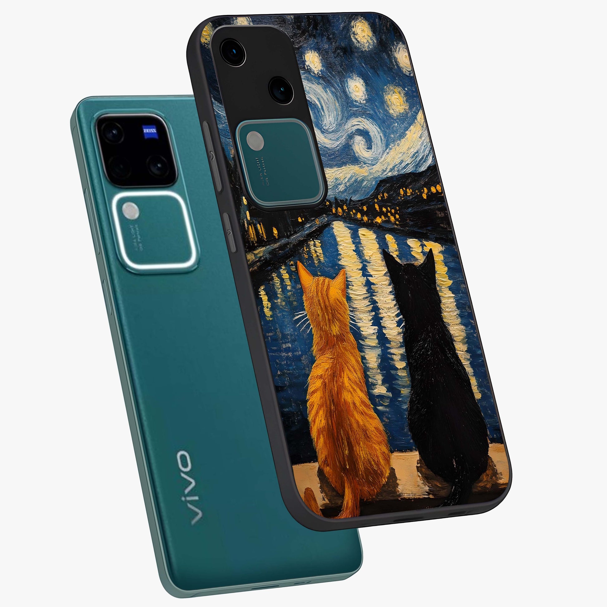 Starry River Cats Glass Case displayed in angled mockup highlighting charming feline illustration with dreamy night aesthetic.