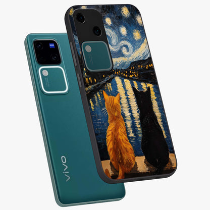 Starry River Cats Glass Case displayed in angled mockup highlighting charming feline illustration with dreamy night aesthetic.