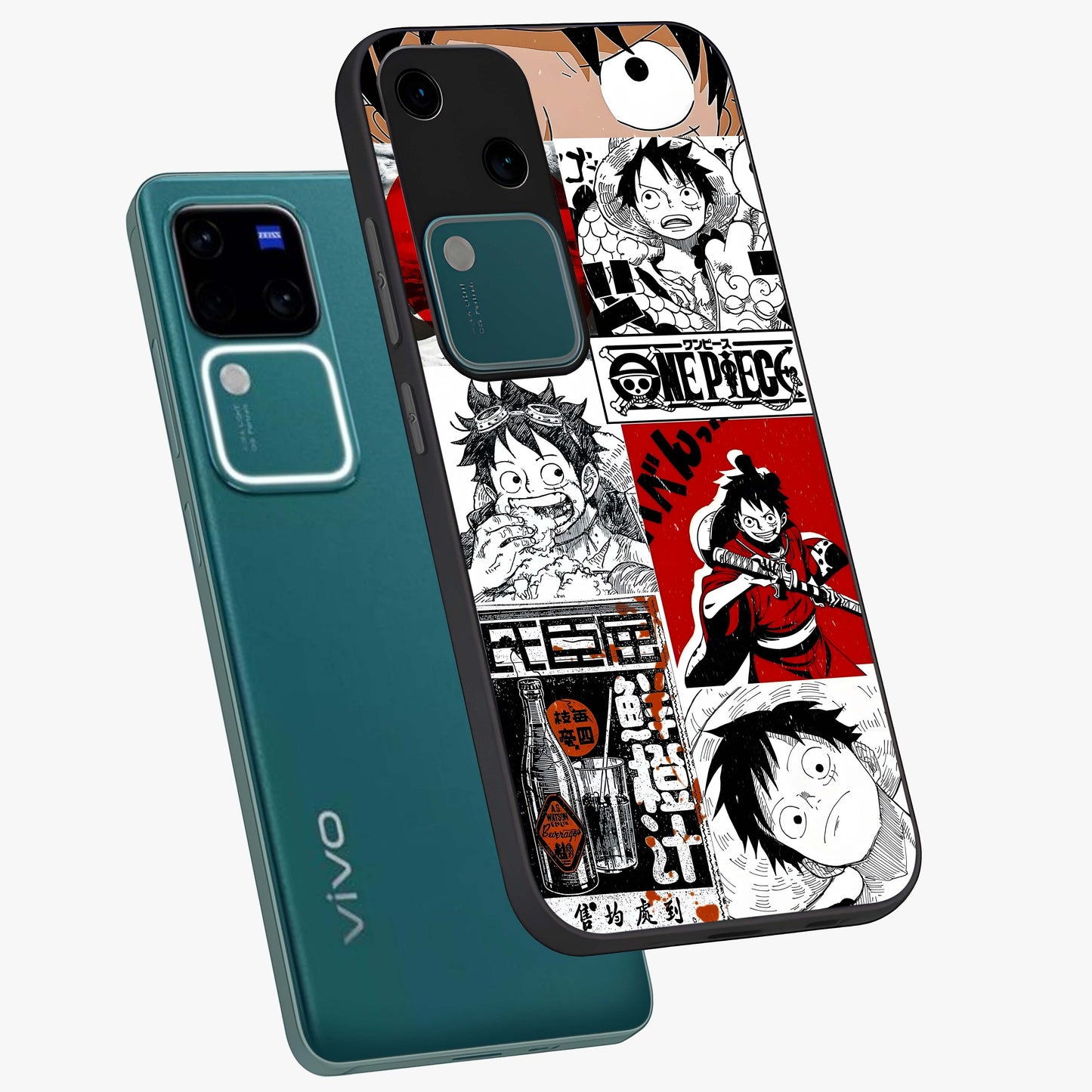 Strawhat Chaos Panels Glass Case displayed in angled mockup highlighting vibrant anime collage design with action aesthetic.